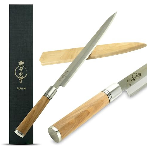 Alfa Mi Couteau japonais à sushi. Couteaux japonais yanagiba cuisine professionnelle 27 cm, ustensiles de cuisine fileter le saumon, manche en bois d'olivier et fourreau