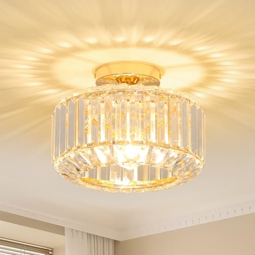 Stepeak Gold Deckenlampe Wohnzimmer, Kristall Deckenleuchte Wohnzimmer, Deckenlampe Schlafzimmer mit Glas Lampenschirm, Gold Kronleuchter, Modern Kristall Kronleuchter für Esszimmer Flur Küche