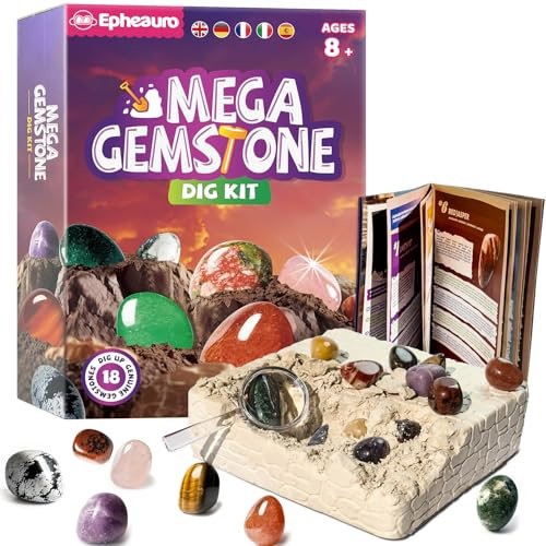 Epheauro Mega Kit di Scavo di Gemme per Bambini – 18 Cristalli, Minerali e Rocce Reali per Bambini da 8 Anni in su
