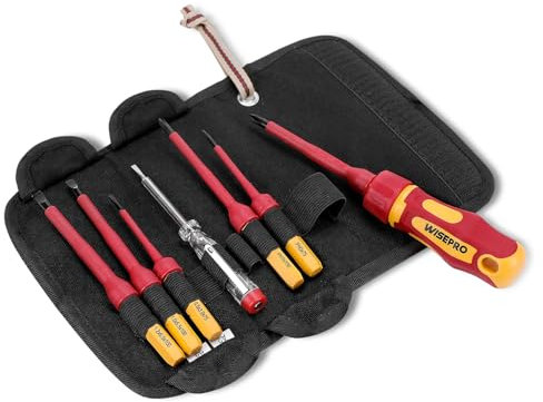 WISEPRO VDE Isolierter Schraubendreher Magnetische, 7 teiliges 1000 V Schraubendreher Set mit Wechselklingen-Satz - 3 Kreuz - 3 Schlitz - mit Spannungsprüfer, für Elektriker