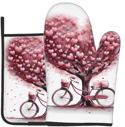 YYHWHJDE Juego de 2 manoplas de horno y soportes para ollas para el Día de la Madre, Día de San Valentín, diseño romántico de corazón y bicicleta, se utiliza para abrir tapas de ollas en la cocina