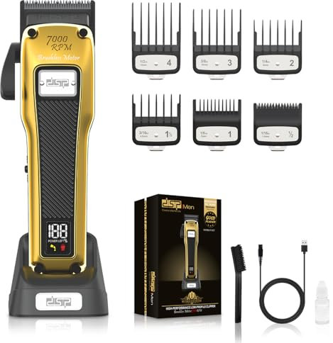 DSP Barber Clipper professionnel sans fil, tondeuse à cheveux pour hommes, tondeuse puissante, moteur sans balai à couple élevé et lame détachable revêtue de DLC avec base de chargement