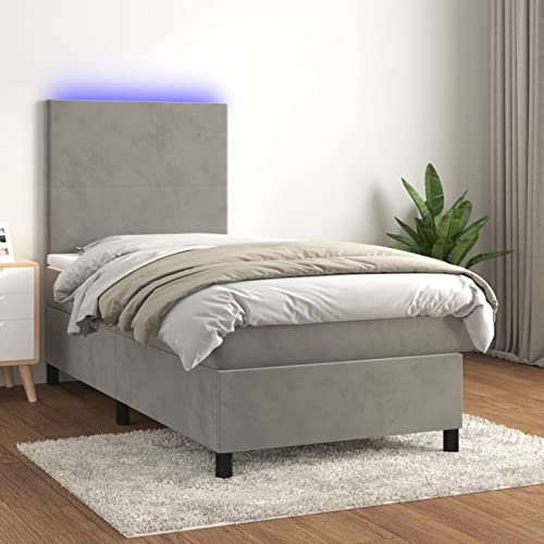 Keyroto Boxspringbett 80x200 Polsterbett 80x200 Doppelbett mit Matratze Boxspringbett Einzelbett Bett mit Kopfteil & LED Samt Hellgrau 80x200 cm