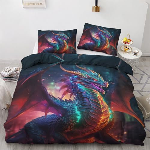 NIYAKA Drachen Bettwäsche 155x220 - Fantasie Bettbezug 3er Set mit 2 Kissenbezüge 80x80 cm, Weich & Warme & Angenehm Mikrofaser Bettwäsche-Sets mit Reißverschluss