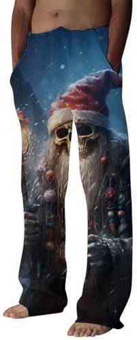 Male Autumn and Winter Christmas Home Pants Fully Printed Cordless Pocket Holiday Celebration Pants Fluff Yeah Slide Men Sleep PJ Pants for Men (Blue, XXXL)