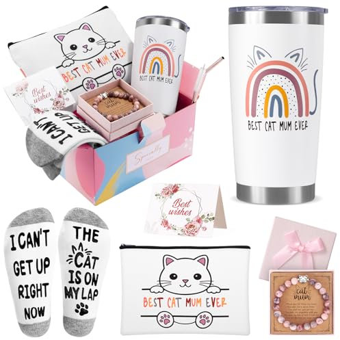 Cat Lover Gift Set for Women Includes 20 oz Mug, Makeup Bag, Natural Stone Bracelets, Socks Perfect for Mother's Day, Birthday, Christmas