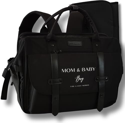 MWbabyprotect, Sac à Dos à Langer Pour Bébé fille ou garçon, Sac de Maternité MOM&BABY BAG, Sac à main bébé et Maman, Matelas à Langer imperméable isotherme sangle de Poussette promenade. (Noir)