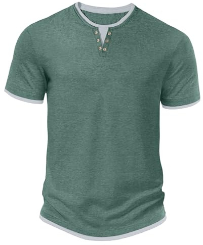 Hisir Mens T Shirt Summer Henley Short Sleeve Regular Fit Round Neck Casual Tops Classic Color Block Tee Shirts