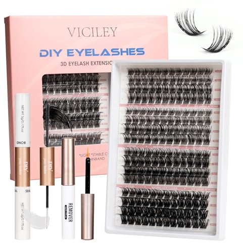 VICILEY Cluster Lashes Kit 192 PCS Individual Eyelash Clusters DIY Cluster Lash Extension Kit with Lash Bond & Seal Natural Lash Set with Glue 10-16mm Long-lasting False Eyelashes Four Styles
