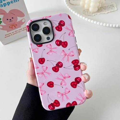 DEFBSC Case for iPhone 14 Pro, Cute Pink Bow Cherry Print Aesthetic Trendy Pattern for Women Girls Slim Durable Bumper Shockproof Hybrid Hard Back Phone Cover, Big Ribbon/Glossy