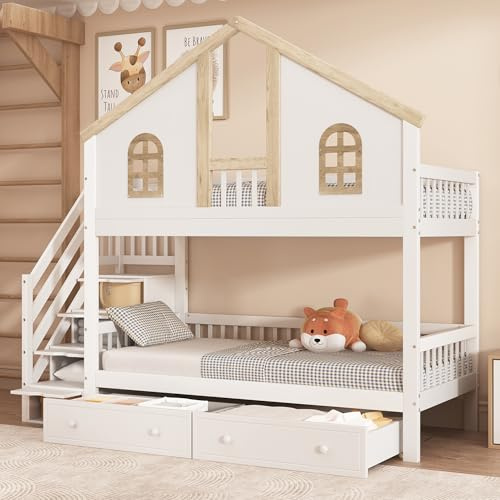 Zepneiy Lit cabane Enfants 90x200, Lit Superposé Enfant 90x200cm avec fenêtre, Lit Maison avec Compartiments de Rangement et tiroirs, Barrière de Sécurité et Bois MDF Blanc Naturel (sans Matelas)