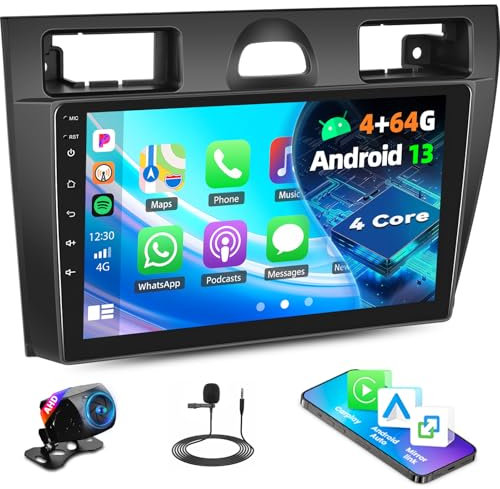 4G+64G Android 13 Wireless Carplay Autoradio für Ford Fiesta Mk5 2002-2008 mit Android Auto Mirror Link, 9‘’ Touchscreen mit WiFi/GPS/EQ/DSP/FM RDS/Bluetooth+AHD-Rückfahrkamera+MIC