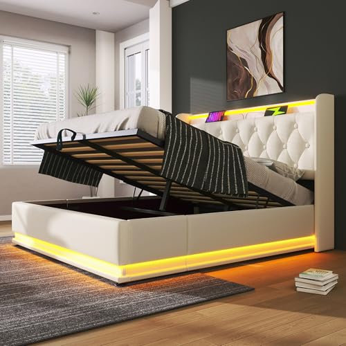 4ft6 Double Bed Frame with Hydraulic Lift & 360 Surround LED Lighting, PU Functional Upholstered Ottoman Bed with Charging Station, Gas Lift Beds with Storage Space & Wooden Slats, White, No Mattress