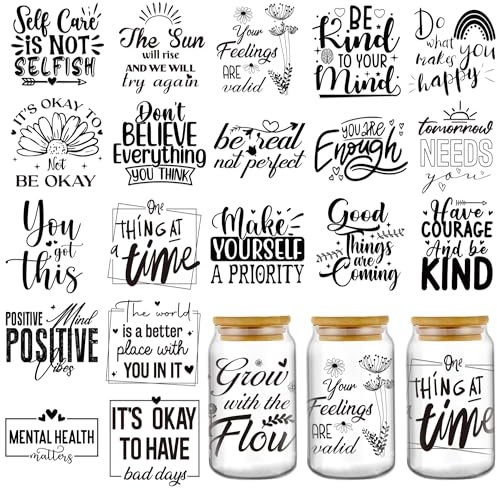 INCOK Rub on Transfers for Crafts - 20 Sheets Black Mental Health UV DTF Cup Wraps for 16 oz Glass, Tension Relief Inspirational Uvdtf Stickers Decals for Tumblers, DIY Therapist Gift