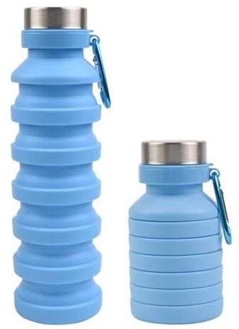 ROSSRORE Leak-Proof Foldable Water Bottle, 16 oz Portable Reusable Silicone Water Bottle, BPA-Free, with Carabiner Clip,Suitable for Gym, Travel, Camping, Hiking, Sports Blue