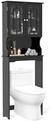 COSTWAY Estantería para Inodoro WC con 3 Estantes y 2 Puertaa,Mueble sobre Inodoro, Mueble de Baño de Madera Armario Alto de Lavadora, Armario de Almacenamiento sobre el Inodoro WC, Negro (Negro)