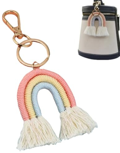 Regenbogen Schlüsselanhänger,Regenbogen Himmel Boho Eigenhändig Keychain,Quaste Tasche Charm,Regenbogen Quaste,Makramee-Weben,Schlüsselanhänger für Damen