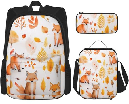 GMSGHJHDR Schulranzen-Rucksack, Federmäppchen und Lunchtasche-Set, leichter Reiserucksack, primäre mittlere Büchertasche für Kinder, Teenager, Mädchen, Jungen, Studenten, Niedlicher Fuchs