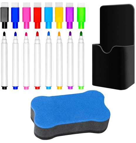 Rotuladores Pizarra Blanca Niños, 8 Pcs Marcadores Pizarra Blanca con borrador 1 Pieza borrador pizarra blanca 1 Portalápices Magnético son Óptimo para Material Hogar Escolar y de Oficina (8 Colores)