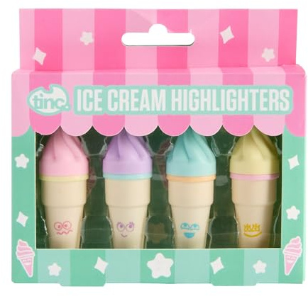 Tinc Icecream Shaped Coloured Highlighter Pens | For use at School & Homework | Four Pastel Colours - Yellow, Purple, Blue and Pink