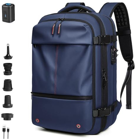 FAFAKO Sac À Dos 60 L avec Aspirateur, Compact Et Étanche, Idéal for Les Voyages, Les Affaires Et Les Activités De Plein Air.(Blue,Air Pump)