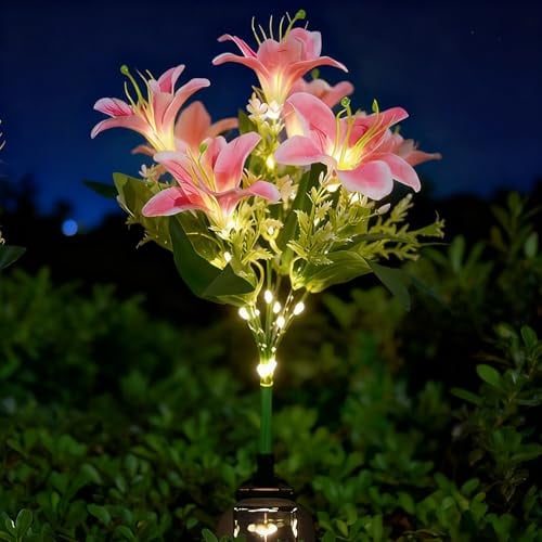 Fancysky Gartendeko Solarleuchten Solarlampen für Außen, Solarleuchten Balkon mit 7 Blume Warmweiß, Solar Gartenleuchten Wetterfest für Draußen, Terrasse, Blumenkästen, Hof, Hochzeit (Lilienblüten)
