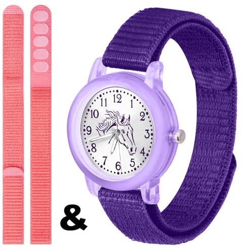 Brecjon Kinderuhr Mädchen Pferdeuhr Armbanduhr Klettarmband analog | Pferdeuhr für Mädchen mit Sunray-Zifferblatt, Pferdekopf-Silhouette, Leuchtzeigern und weichen Klettarmbändern.
