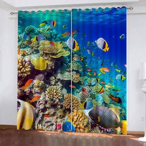 MARBRE 3D Fisch Vorhänge Blickdicht 2er Set Gardinen Abdunkelnde Wärmedämmung Meer Tier Schiebevorhänge mit Ösen für Wohnzimmer Schlafzimmer Dekoration B 140 x H 160cm(Image 12-12)