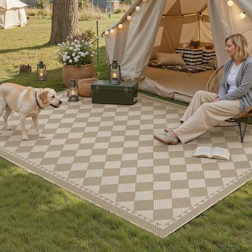 PureCozy Outdoor Teppich Wohnzimmer 120x180cm Outdoorteppich Wetterfest Balkon Beige Kaffee Kariert Teppiche Jute Optik Waschbarer rutschfest Carpet Esszimmer Terrassen Garten BüRo Indoor Groß Rug