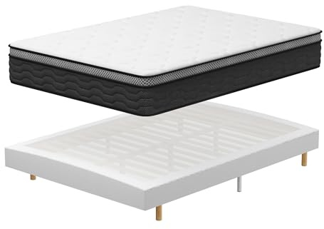 DEWINNER Ensemble Matelas et Sommier 160x200, Lit 160 x 200 avec Sommier tapissier et Matelas Ressorts Ensachés 160x200x25,9 Pieds Inclus (Pack Matela+Sommier tapissier)