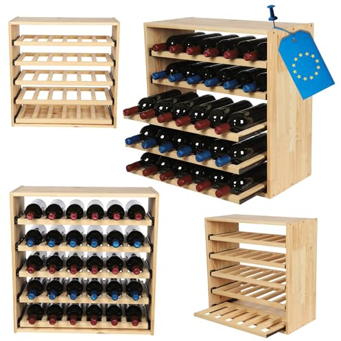 MODO24 Flaschenregal mit Auszugsböden, Weinregal Massivholz für 30 Flaschen, Weinschrank, Modulares Weinständer, Getränkeregal, Weinflaschenhalter, Kellerregal, Flaschenständer, 60x60x30 cm, Natur