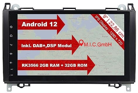 M.I.C. AB9-L2 Android 14 Autoradio mit navi: MT6765V 4G+64G;9 QLED Display;SIM,Carplay,Android Auto,DAB+,BT 5:Ersatz für Mercedes Benz A-Klasse W169 B-Klasse W245 Viano Vito W639 Sprinter VW Crafter