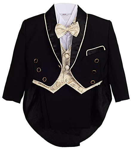 Lito Angels Boys' Jacquard Waistcoat 5 Pieces Formal Tuxedo Suit with Tail Dress Wear Formal, 3-4 Years, Black With Gold