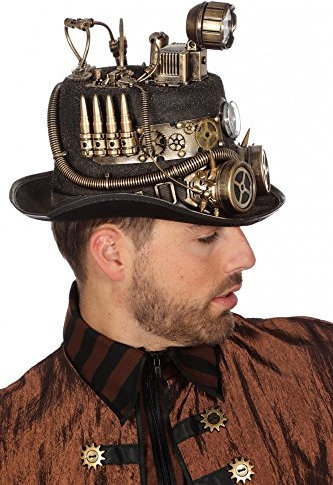 shoperama Schwarzer Steampunk Zylinder mit Bronze-Verzierungen und Goggles Gr. 59 Herren Hut Zahnräder Patronen, Variante:Grubenlampe