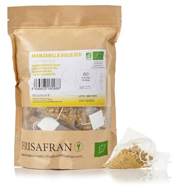 FRISAFRAN | Flores de entera de manzanilla en pirámides Bio 60unidad | INFUSIÓN DE KAMILLEL | Té de hierbas relajante | Origen Europa | Manzanilla para dormir