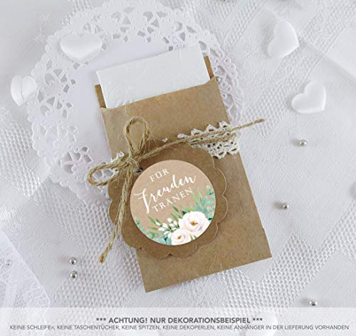 Freuden Tränen Taschentücher Set zur Hochzeit Klein 24 Sticker + 24 braune Flachbeutel 63 x 93 mm Freudentränen Taschentuch Verpackung GRÜN WEIß BOHO HIPPIE ROSEN EUKALYPTUS BLÄTTER KRAFTPAPIER