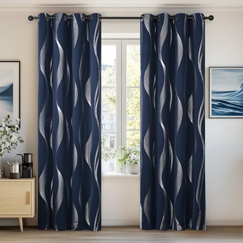 Deconovo Super Soft Wave Line Foil Printed Thermal Insulated Blackout Curtains Window Treatment Eyelet Curtains for Living Room 55 x 96 Inch Navy Blue Two Panels
