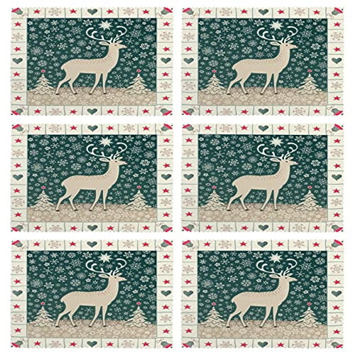 VunKo Merry Christmas Hirsch Platzdeckchen Set von 6 Schneeflocken waschbar rutschfest Tisch Platzsets rechteckig 30,5 cm x 45,7 cm für Küche Esstisch Home Decor Grün