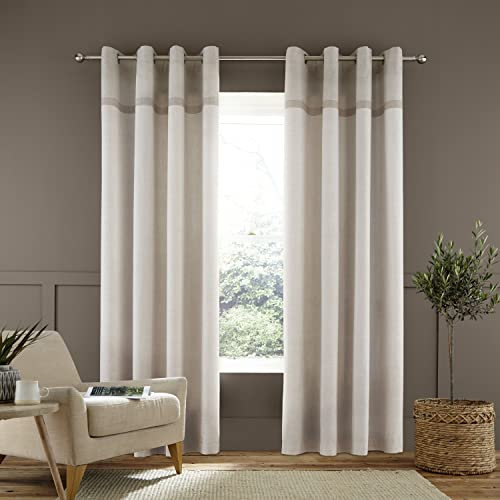 Catherine Lansfield Melville Woven Texture Cotton 90x90 Inch Eyelet Unlined Curtains Two Panels Natural