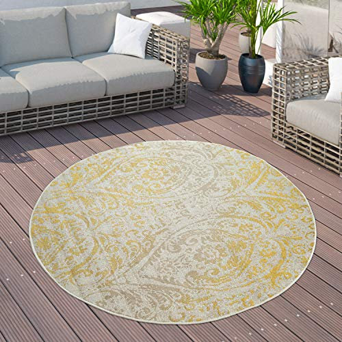 Paco Home Outdoor Teppich Balkon Terrasse Vintage Küchenteppich Orient Muster Rauten Ethno, Grösse:200 cm Rund, Farbe:Gelb