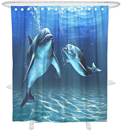FANSU Duschvorhang Anti-Schimmel, 3D Drucken 100% Polyester Bad Vorhang Wasserdicht Anti-Bakteriell mit C-Form Kunststoff Haken mit 12 Ringe für Badzimmer (Blauer Delphin,165x180cm)