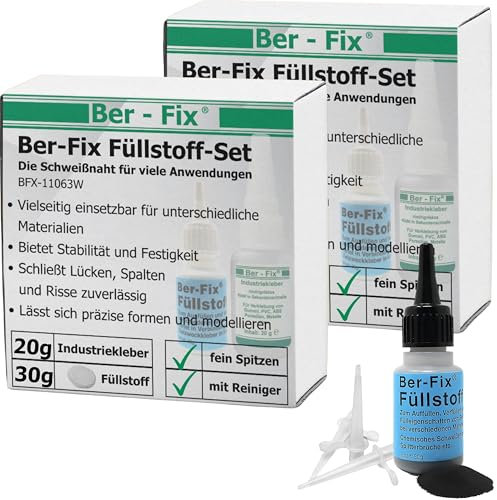 Ber-Fix Füllstoff Set M Schweißnaht Kleber aus Berlin aus 2x 20g Industriekleber und 2x 30g Granulat weiss 1x 30g schwarz 2k Kleber extra stark Metall Kunststoff PVC ABS PLA + 6 Spitzen