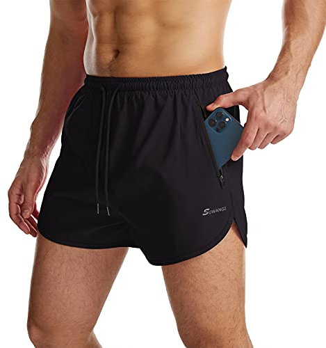 Suwangi Herren Sport Shorts Laufshorts Kurze Hose Schnell mit Innenslip Trocknend Sporthose mit Tasch Schwarz M