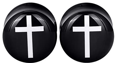 Longbeauty 2er Set Schwarz Acryl Kreuz Rund Flesh Tunnel Plugs 12mm