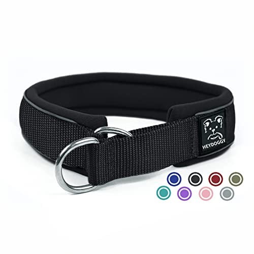 Weich Neopren Gepolstert Hundehalsband (4cm Breite) Reflektierend Hund Halsband mit Robust Nylon & Zugstopp, Bequem Zughalsband Dressurhalsband für Kleine Mittlere Große Hund Anti-Zug Walken L,Schwarz