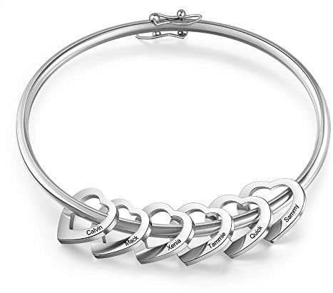 kaululu Damen Personalisierte Armbänder mit 6 Familie BFF Namen Frauen Herz Anhänger Personalisierte Gravur Namen Schmuck Armband für Mutter Tochter Geburtstags Geschenk（Silver）