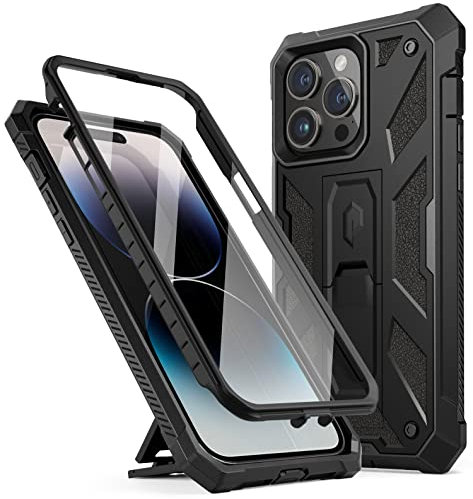 Poetic Compatible with iPhone 14 Pro Max Case, Spartan Phone Case for iPhone 14 Pro Max, Full Body Rugged Leather Texture Shockproof Protective Cover with Screen Protector and Kickstand, Matte Black