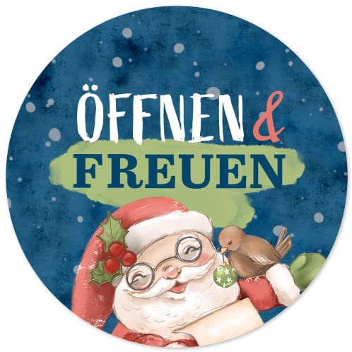 48 Geschenkaufkleber Weihnachten - ÖFFNEN UND FREUEN Vintage Santa - Weihnachtsaufkleber Aufkleber für Geschenke Etiketten rund 4cm
