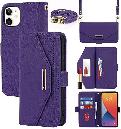 CAVOR Handykette Handyhülle kompatibel mit iPhone 12/12 Pro Hülle Mit Band,Flip Leder Geldbörse Handyhülle,[Spiegel][5 Kartenfach][Magnetisch],Klapphülle Handytasche zum umhängen - Lila