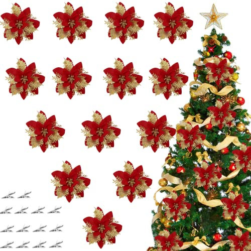 Flores de Navidad - 14 piezas, flores de Navidad artificiales con clips, flores de pascua de Navidad, decoración navideña brillante 5.1in * 5.1in, adecuada para Navidad, bodas, fiestas (oro + rojo)